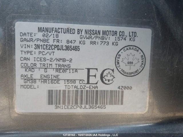 2018 Nissan Versa Note 1.6 S/1.6 Sr/1.6 Sv მანქანა იყიდება აუქციონზე, vin: 3N1CE2CP0JL365465, აუქციონის ნომერი: 12720163