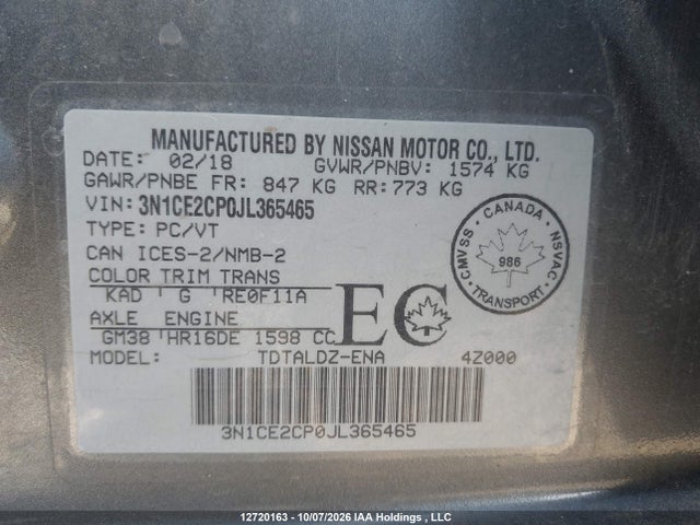 2018 Nissan Versa Note 1.6 S/1.6 Sr/1.6 Sv მანქანა იყიდება აუქციონზე, vin: 3N1CE2CP0JL365465, აუქციონის ნომერი: 12720163