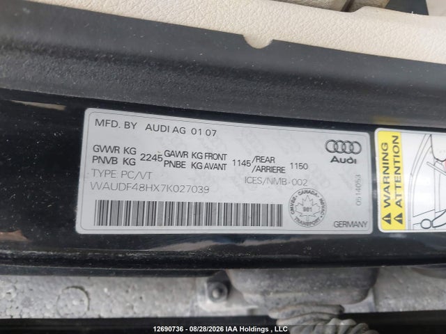 Aukcja sprzedaży 2007 Audi A4 2.0t, vin: WAUDF48HX7K027039, numer aukcji: 12690736