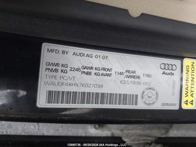Aukcja sprzedaży 2007 Audi A4 2.0t, vin: WAUDF48HX7K027039, numer aukcji: 12690736