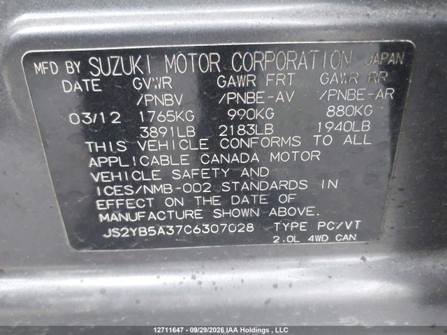 Aukcja sprzedaży 2012 Suzuki Sx4 Jx, vin: JS2YB5A37C6307028, numer aukcji: 12711647
