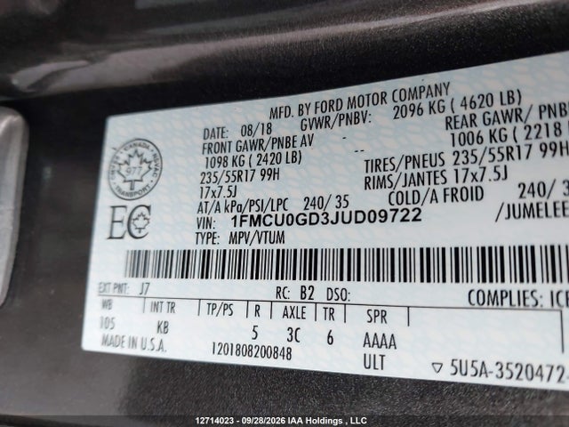 12714023 :رقم المزاد ، 1FMCU0GD3JUD09722 vin ، 2018 Ford Escape Se مزاد بيع