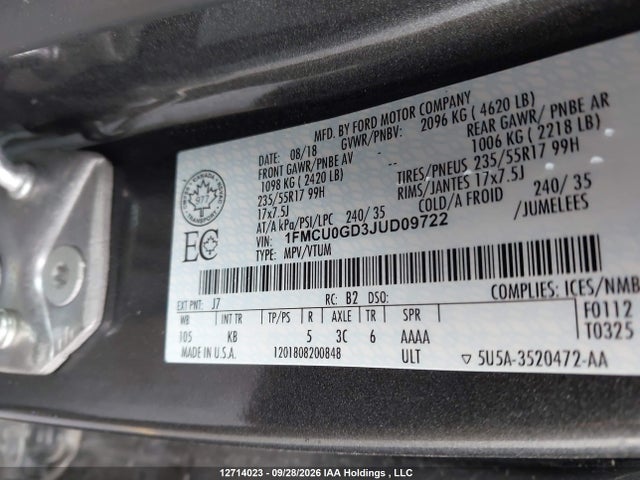 12714023 :رقم المزاد ، 1FMCU0GD3JUD09722 vin ، 2018 Ford Escape Se مزاد بيع