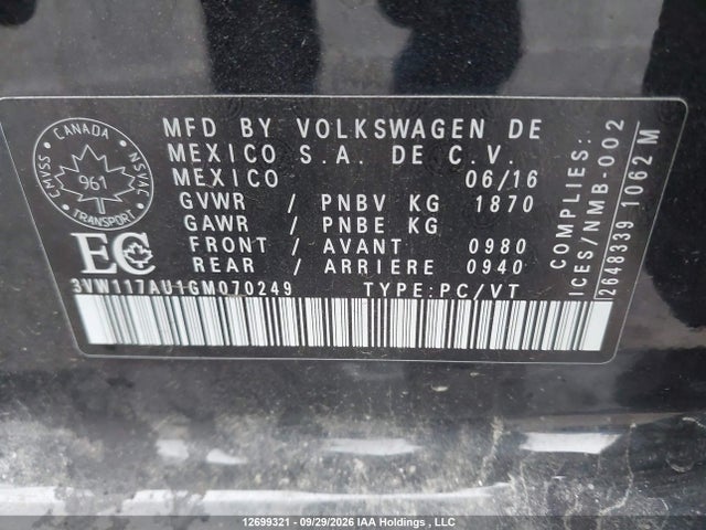 12699321 :رقم المزاد ، 3VW117AU1GM070249 vin ، 2016 Volkswagen Golf 1.8 Tsi Comfortline/1.8 Tsi Highline/1.8 Tsi Trendline مزاد بيع