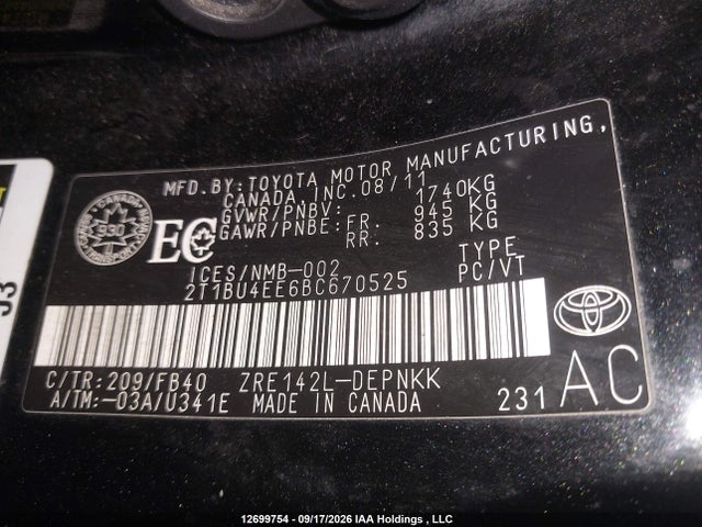 Aukcja sprzedaży 2011 Toyota Corolla Le, vin: 2T1BU4EE6BC670525, numer aukcji: 12699754