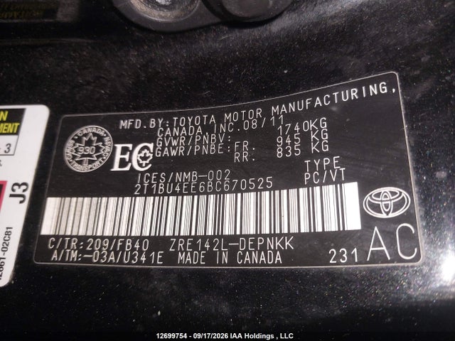 Aukcja sprzedaży 2011 Toyota Corolla Le, vin: 2T1BU4EE6BC670525, numer aukcji: 12699754
