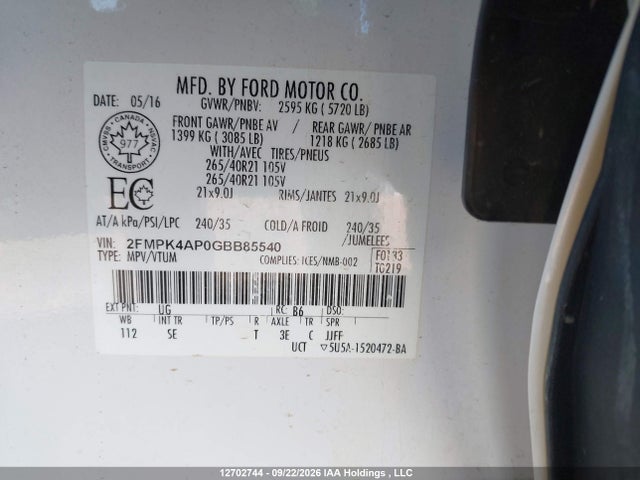 Aukcja sprzedaży 2016 Ford Edge Sport, vin: 2FMPK4AP0GBB85540, numer aukcji: 12702744
