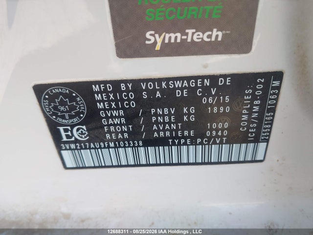 Продажа на аукционе авто 2015 Volkswagen Golf 1.8 Tsi Comfortline/1.8 Tsi Highline/1.8 Tsi Trendline, vin: 3VW217AU9FM103338, номер лота: 12688311
