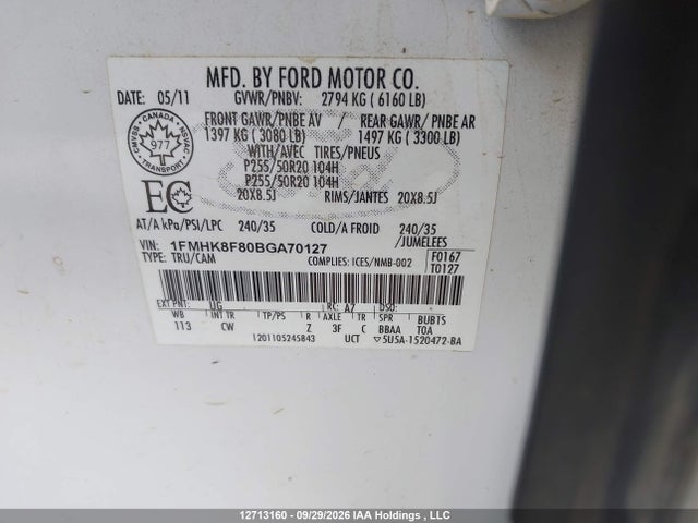 Aukcja sprzedaży 2011 Ford Explorer Limited, vin: 1FMHK8F80BGA70127, numer aukcji: 12713160