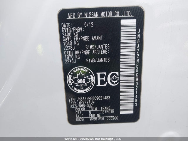 12711328 :رقم المزاد ، JN8AZ2NE8C9021483 vin ، 2012 Infiniti Qx56 7-passenger مزاد بيع