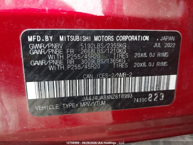 12708999 :رقم المزاد ، JA4J4UA8XNZ618993 vin ، 2022 Mitsubishi Outlander Le/le Premium/se/sel مزاد بيع