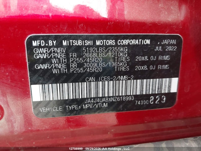 12708999 :رقم المزاد ، JA4J4UA8XNZ618993 vin ، 2022 Mitsubishi Outlander Le/le Premium/se/sel مزاد بيع