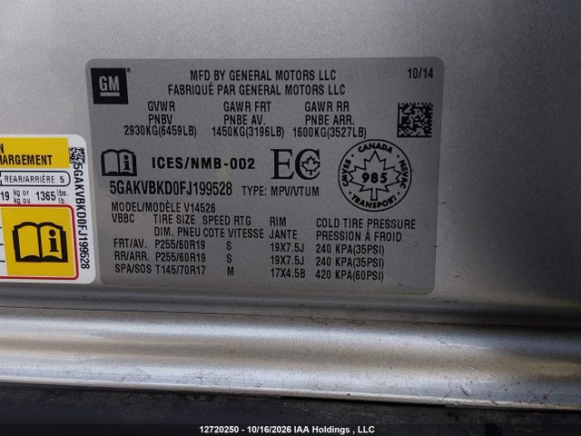 Продаж на аукціоні авто 2015 Buick Enclave, vin: 5GAKVBKD0FJ199528, номер лоту: 12720250