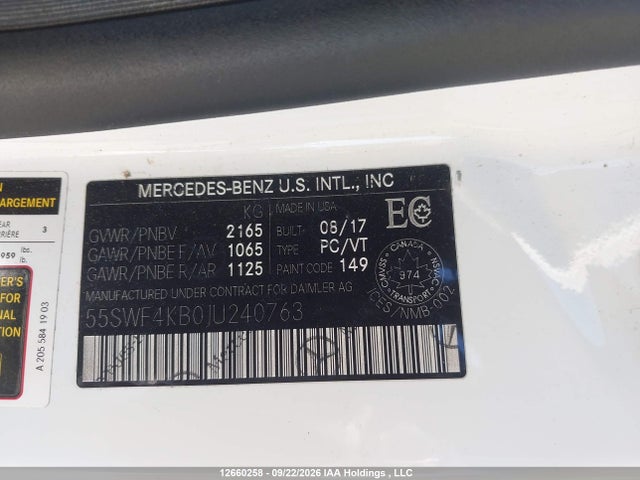 Продаж на аукціоні авто 2018 Mercedes-benz C 300 4matic, vin: 55SWF4KB0JU240763, номер лоту: 12660258