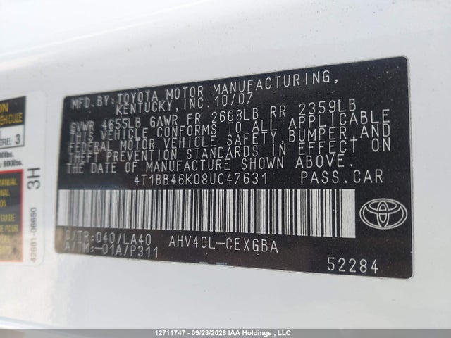 2008 Toyota Camry Hybrid მანქანა იყიდება აუქციონზე, vin: 4T1BB46K08U047631, აუქციონის ნომერი: 12711747