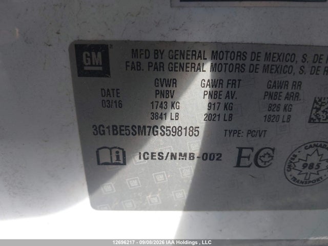 12696217 :رقم المزاد ، 3G1BE5SM7GS598185 vin ، 2016 Chevrolet Cruze Lt Auto مزاد بيع