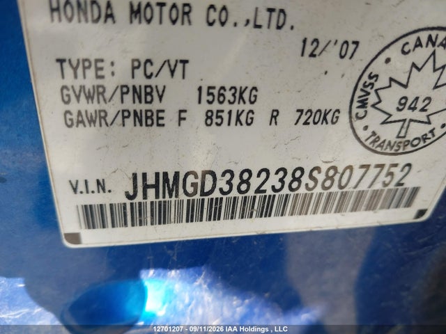 2008 Honda Fit Dx მანქანა იყიდება აუქციონზე, vin: JHMGD38238S807752, აუქციონის ნომერი: 12701207