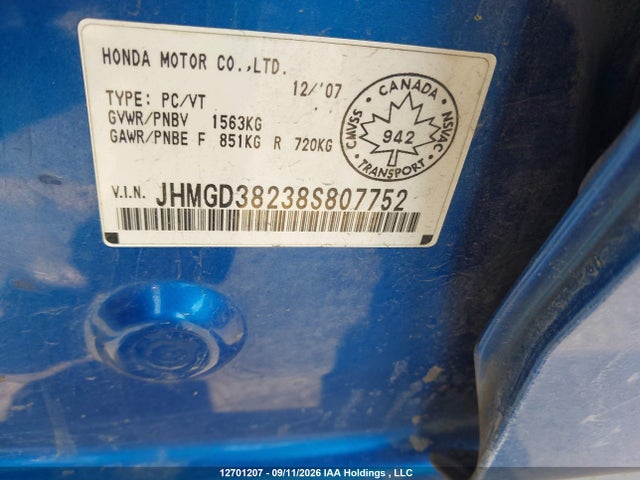 2008 Honda Fit Dx მანქანა იყიდება აუქციონზე, vin: JHMGD38238S807752, აუქციონის ნომერი: 12701207