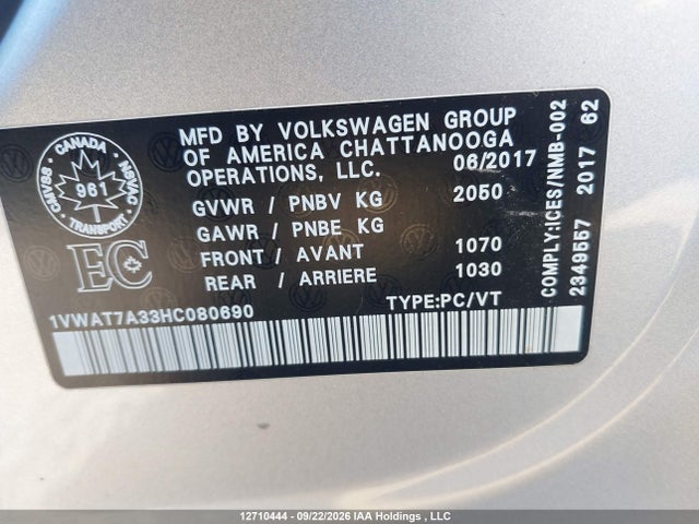 2017 Volkswagen Passat 1.8 Tsi Trendline+ მანქანა იყიდება აუქციონზე, vin: 1VWAT7A33HC080690, აუქციონის ნომერი: 12710444