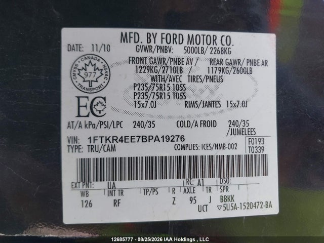 Aukcja sprzedaży 2011 Ford Ranger Sport, vin: 1FTKR4EE7BPA19276, numer aukcji: 12685777