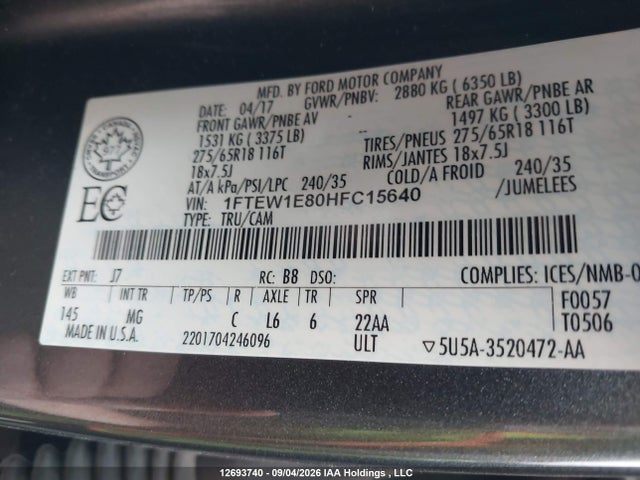2017 Ford F-150 Xlt მანქანა იყიდება აუქციონზე, vin: 1FTEW1E80HFC15640, აუქციონის ნომერი: 12693740