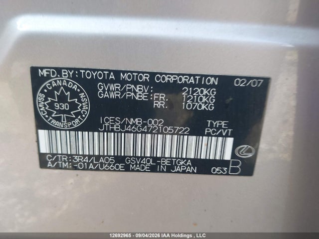 Aukcja sprzedaży 2007 Lexus Es 350 350, vin: JTHBJ46G472105722, numer aukcji: 12692965