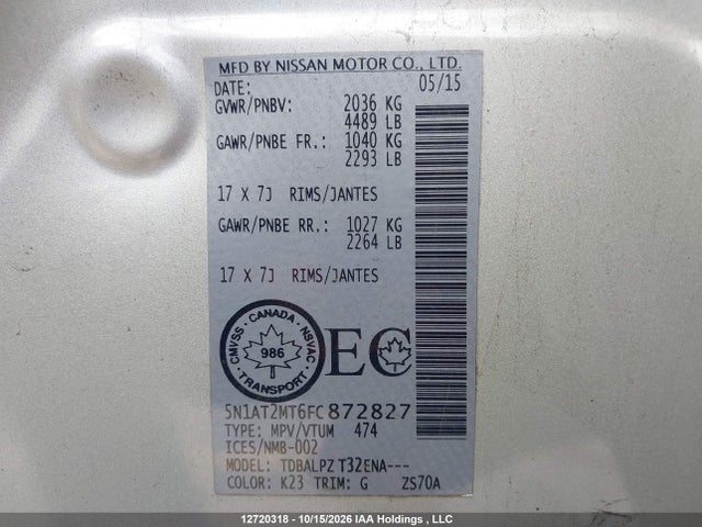 5N1AT2MT6FC872827 Nissan Rogue S/sl/sv