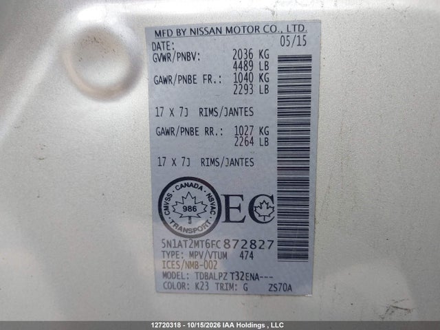 5N1AT2MT6FC872827 Nissan Rogue S/sl/sv