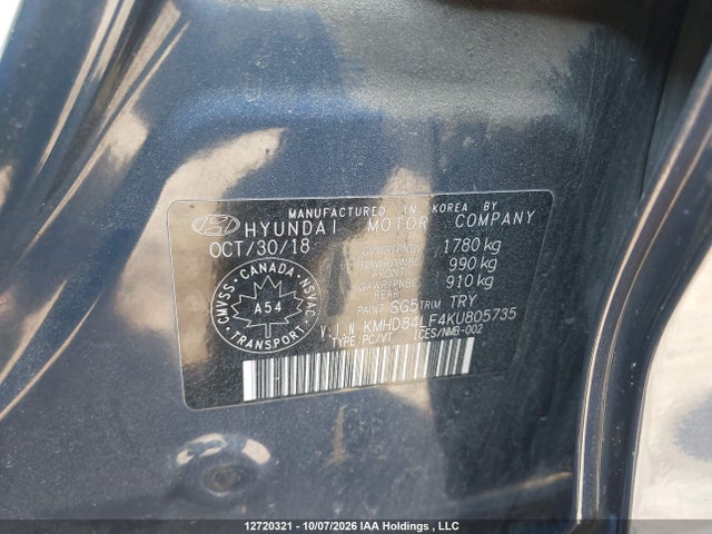 12720321 :رقم المزاد ، KMHD84LF4KU805735 vin ، 2019 Hyundai Elantra Sel/value/limited مزاد بيع