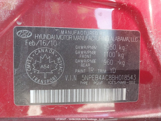 2011 Hyundai Sonata Gl მანქანა იყიდება აუქციონზე, vin: 5NPEB4AC8BH018543, აუქციონის ნომერი: 12720327