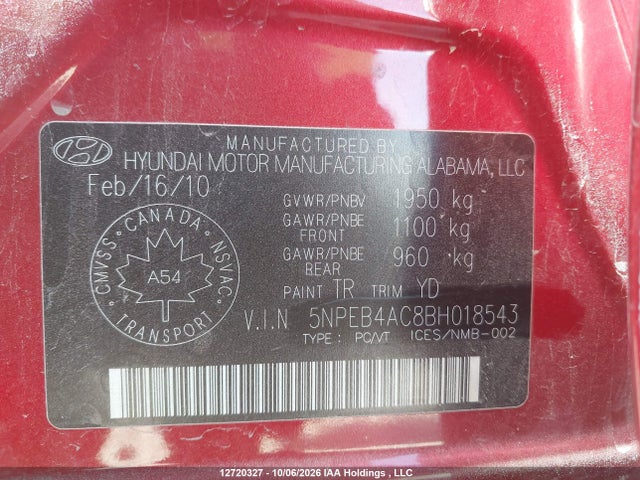 2011 Hyundai Sonata Gl მანქანა იყიდება აუქციონზე, vin: 5NPEB4AC8BH018543, აუქციონის ნომერი: 12720327