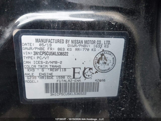 12720337 :رقم المزاد ، 3N1CP5CU5KL536522 vin ، 2019 Nissan Kicks S/sr/sv مزاد بيع