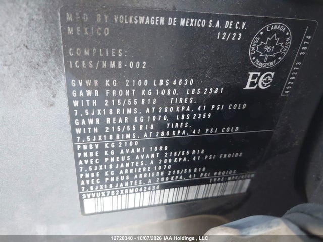 12720340 :رقم المزاد ، 3VVUX7B2XRM042434 vin ، 2024 Volkswagen Taos Comfortline مزاد بيع