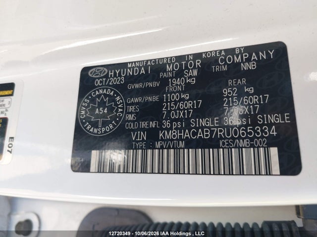 12720349 :رقم المزاد ، KM8HACAB7RU065334 vin ، 2024 Hyundai Kona مزاد بيع