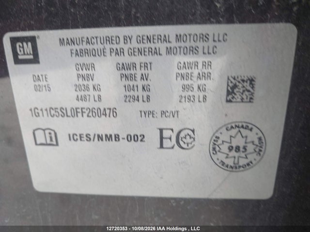 12720353 :رقم المزاد ، 1G11C5SL0FF260476 vin ، 2015 Chevrolet Malibu 1lt مزاد بيع