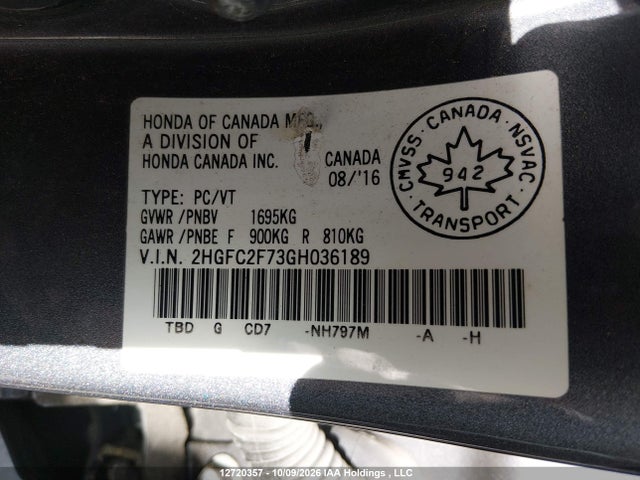 2HGFC2F73GH036189 Honda Civic Ex 4dr