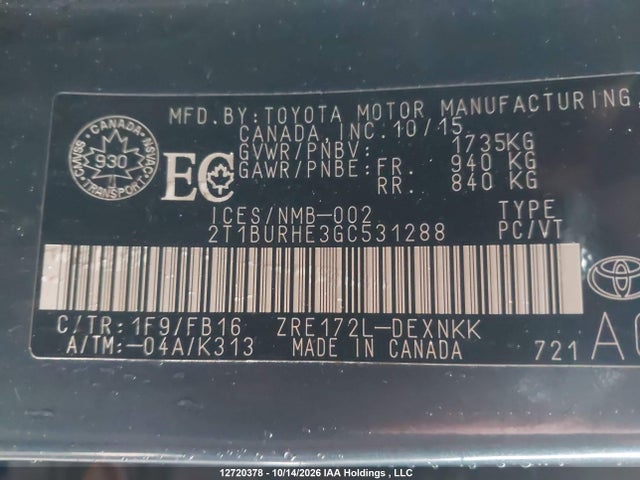 2T1BURHE3GC531288 Toyota COROLLA LE