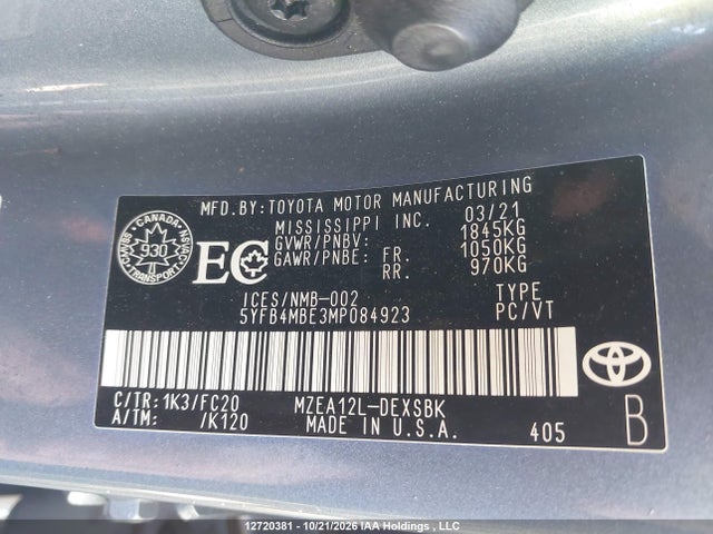 5YFB4MBE3MP084923 Toyota COROLLA SE