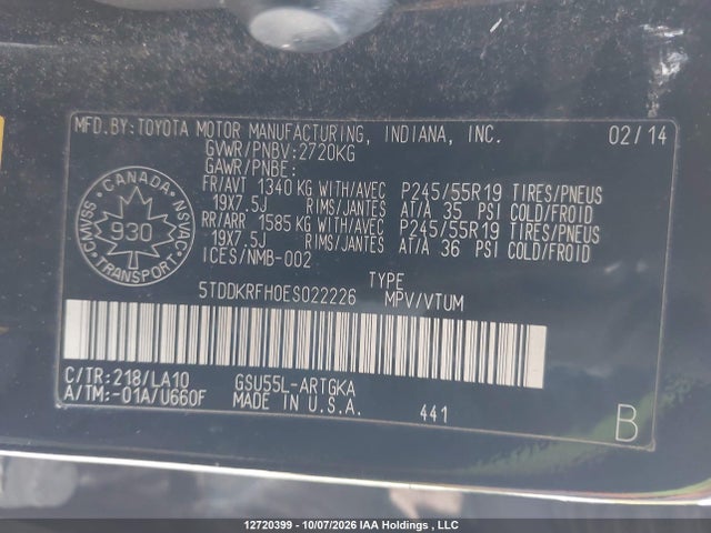 Toyota Highlander Limited/ltd Platnum 2014 5TDDKRFH0ES022226 Image 9