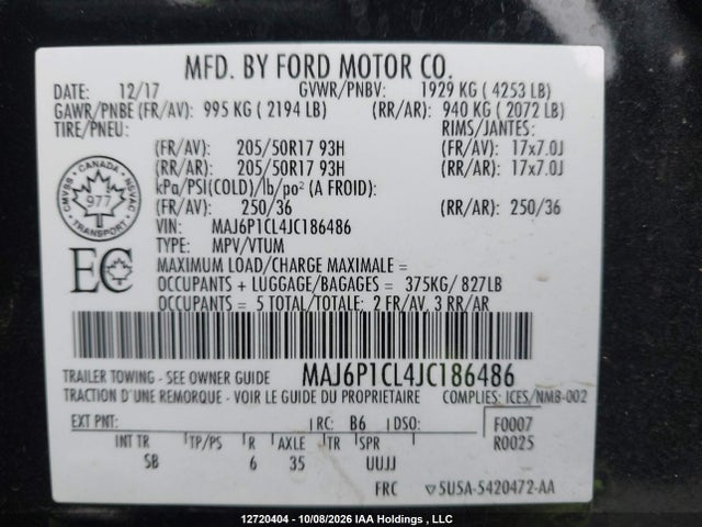 Aukcja sprzedaży 2018 Ford Ecosport Ses, vin: MAJ6P1CL4JC186486, numer aukcji: 12720404