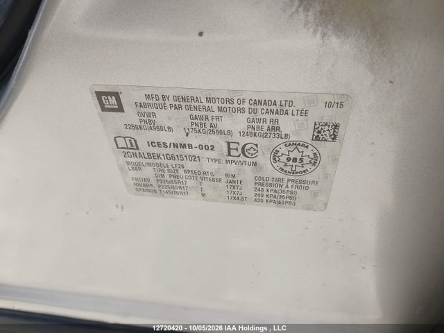 2016 Chevrolet Equinox Ls მანქანა იყიდება აუქციონზე, vin: 2GNALBEK1G6151021, აუქციონის ნომერი: 12720420
