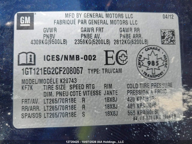 Продаж на аукціоні авто 2012 Gmc Sierra K2500 Slt, vin: 1GT121EG2CF208067, номер лоту: 12720425