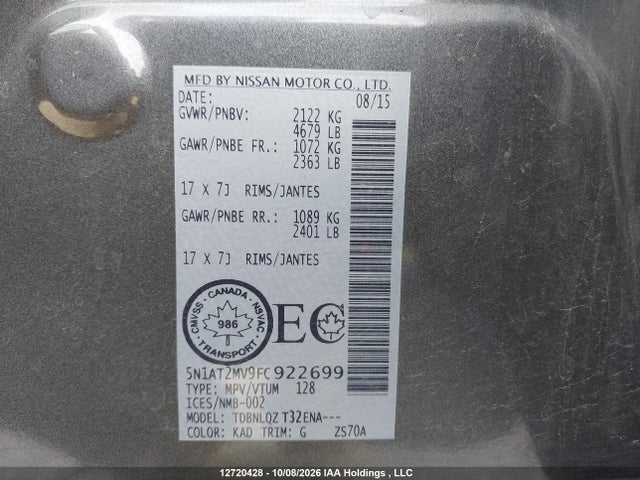 5N1AT2MV9FC922699 Nissan Rogue S/sl/sv
