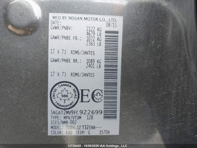 5N1AT2MV9FC922699 Nissan Rogue S/sl/sv