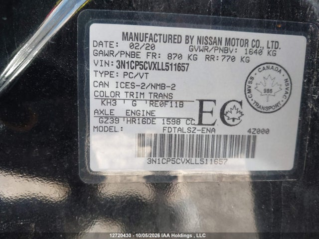 3N1CP5CVXLL511657 Nissan KICKS SV