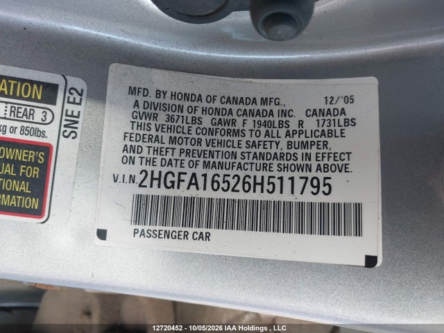 2006 Honda Civic Lx მანქანა იყიდება აუქციონზე, vin: 2HGFA16526H511795, აუქციონის ნომერი: 12720452