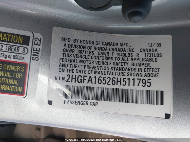 2006 Honda Civic Lx მანქანა იყიდება აუქციონზე, vin: 2HGFA16526H511795, აუქციონის ნომერი: 12720452