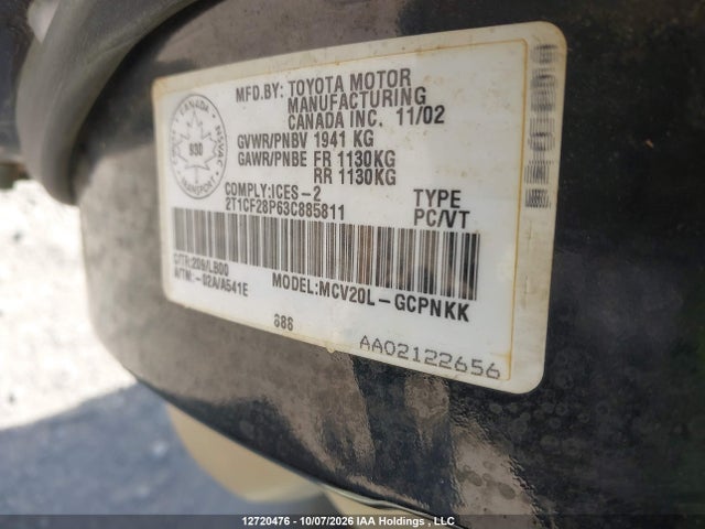 12720476 :رقم المزاد ، 2T1CF28P63C885811 vin ، 2003 Toyota Camry Solara مزاد بيع