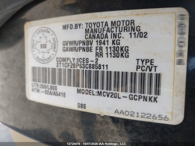 12720476 :رقم المزاد ، 2T1CF28P63C885811 vin ، 2003 Toyota Camry Solara مزاد بيع