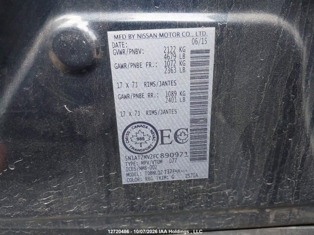 2015 Nissan Rogue Sv მანქანა იყიდება აუქციონზე, vin: 5N1AT2MV2FC890971, აუქციონის ნომერი: 12720486